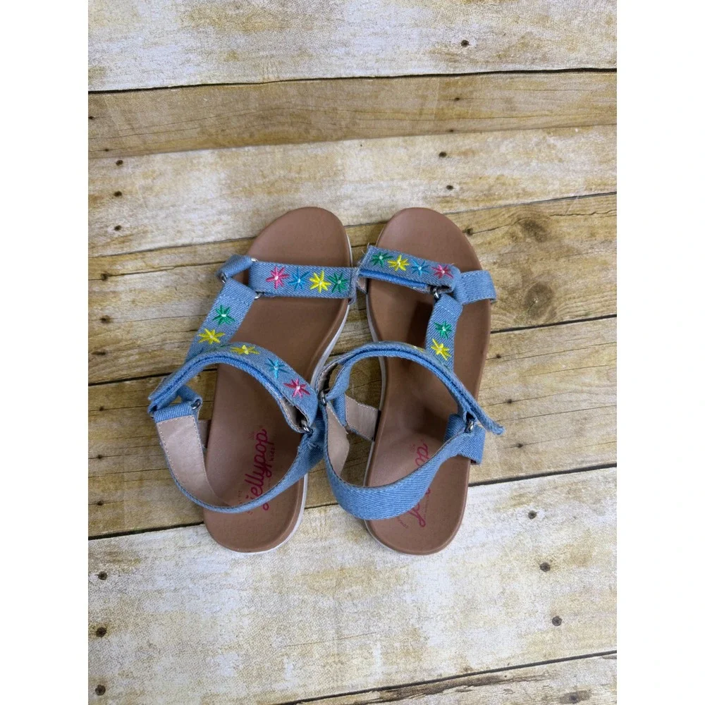 Jellypop Kids Blue Denim Embroidered Floral Strappy Sandals Size 3M Hook Loop